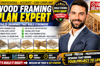 design roof framing plan, floor joist layout, timber truss and wall stud details