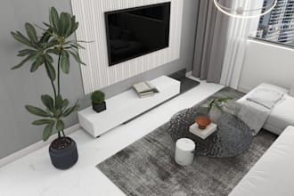 home interior design of modern living room with chic, sleek sofa and decoration