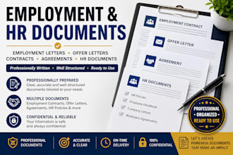 prepare employment letter, offer letter contract, agreement and HR documents