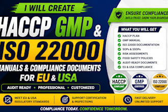 create haccp gmp iso 22000 manuals and compliance documents for eu and usa