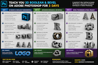 teach you 3d boolean and bevel on adobe photoshop for 3 days