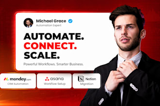 setup monday com CRM automation, asana workflow or notion migration