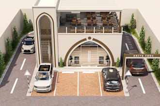 drive thru cgi exterior,rooftop lounge,car park,gardenscape,interior design