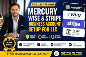 assist with mercury wise and stripe business account setup for llc