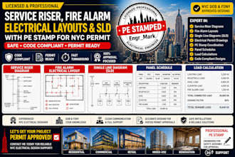 draw licensed service riser, fire alarm electrical layouts and sld with pe stamp