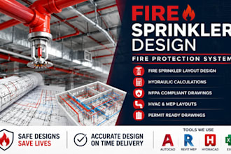 design fire sprinkler system, fire protection hydraulic calculations and layout