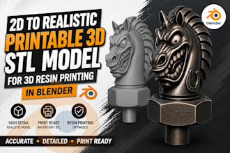 convert 2d to realistic printable 3d stl model for 3d resin printing on blender