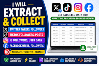 extract and collect twitter tweets, x followers, tiktok foll0wer, posts, ig data