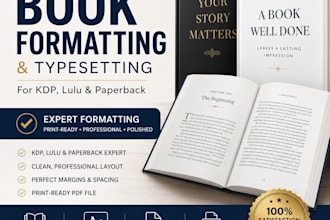 do book formatting and typesetting for KDP, lulu, paperback expert formatter