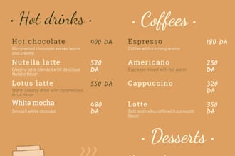 design a modern coffee shop or restaurant menu
