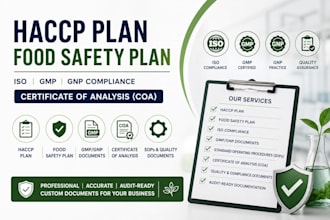 create haccp plan, food safety manual, iso gmp gnp compliance and coa documents