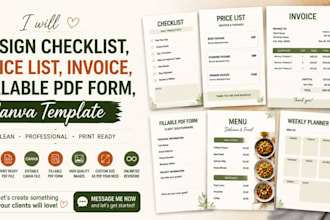 design checklist, price list, invoice, fillable PDF form, canva template