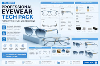 design professional eyewear tech pack, factory tech pack and 3d rendering