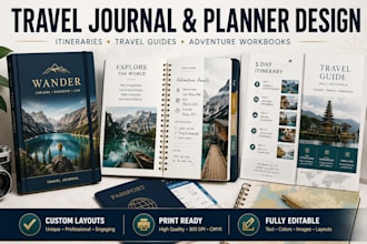 design travel journals, planners, itinerary guides, and adventures workbooks