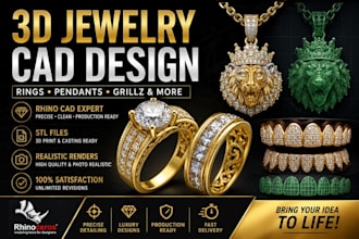 3d jewelry cad design for rings pendant and grillz with rhino stl renders