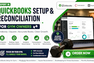 set up quickbooks and reconcile mindbody or square payments for gym owners