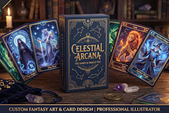 draw custom tarot card, zodiac, oracle, playing card, tcg with box design