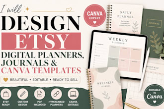 design etsy digital planners, journals and canva templates