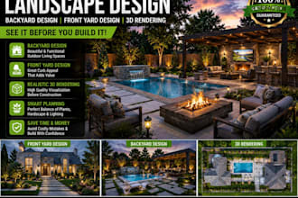 create backyard design front yard landscape design patio and realistic 3d render