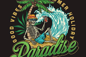 design retro tropical skeleton beach emblem vector logo