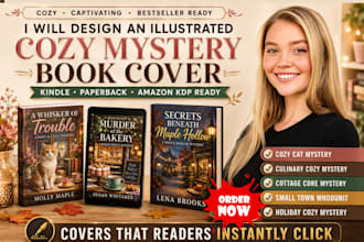 design an illustrated cozy mystery book cover, kindle and paperback for KDP