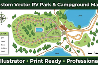 create custom vector map, rv park, campground, resort, site map in illustrator