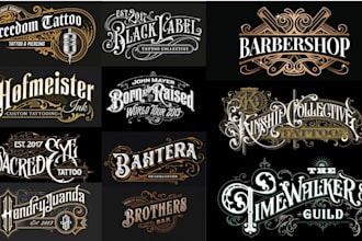 design lettering, victorian retro vintage logo for business, tattoo barbershop