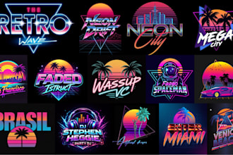 design a 80s retro synthwave vintage logo with neon sign chrome effects