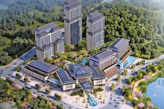 cgi luxury waterfront area,mixed use resort complex,serene lake,amenities render