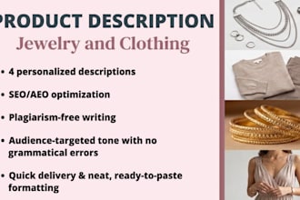 write clothing and jewelry product descriptions that  are SEO and aeo focused