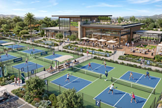create  3d render design for paddle court clube, pickleball court, sport complex