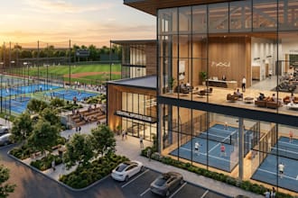 create  3d render design for paddle court clube, pickleball court, sport complex