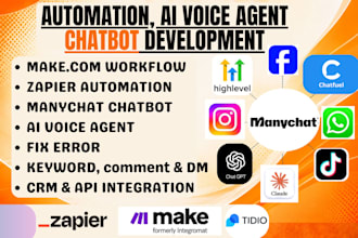 fix, setup make com automation, zapier webhook with manychat, uchat, chatfuel