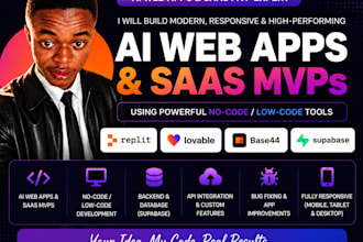 build no code ai saas mvp web app with replit ai, lovable ai, base44
