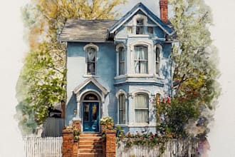 create a hand painted watercolor house portrait of your home