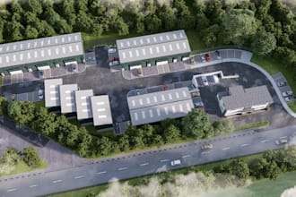 render building exterior, rural landscape, suburban logistics park, aerial view