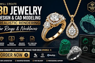 create 3d jewelry design cad modeling realistic  rendering  for rings  necklaces