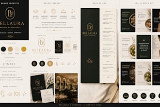 design canva luxury beauty restaurant brand kit identity, menu social media kit