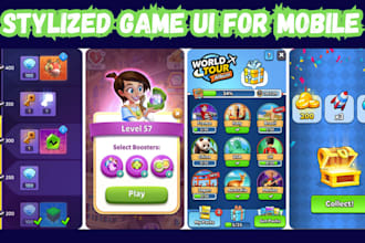 create stylized 2d game ui ux design 2d game graphics, hud, gui, for mobile game