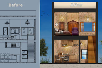 render 2d floor plan and section in photoshop