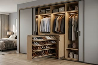 do 3d realistic design of portable wardrobe with built in shoe rack slider