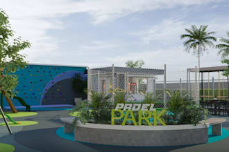3d outdoor padel facility,multi court sports center,rooftop bar cafe,floodlit