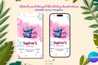 design a cute stitch and angel birthday invitation editable