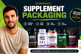 design supplement packaging, vitamin label, protein jar, gummies, amazon label