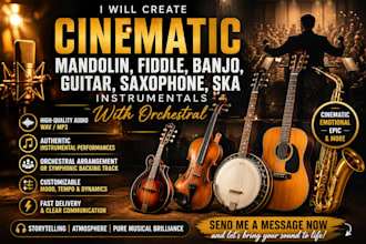 create cinematic mandolin fiddle banjo, live play instrumentals with orchestral
