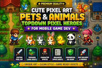 design cute pixel art pets and animals, topdown pixel heroes for mobile game dev