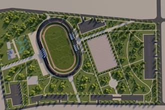 render public park masterplan, sport stadium design, 3d playground visualization