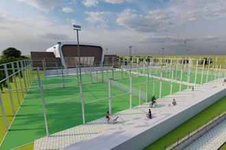 3d padel court  complex,outdoor sports club,modernist clubhouse,parking lot area