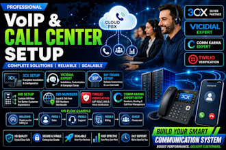 create 3cx,vicidial,siptrunk did number ivr setup,twilio verification,comm karma