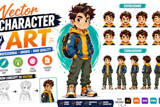 sketch into colorful vector art line art and character sheet